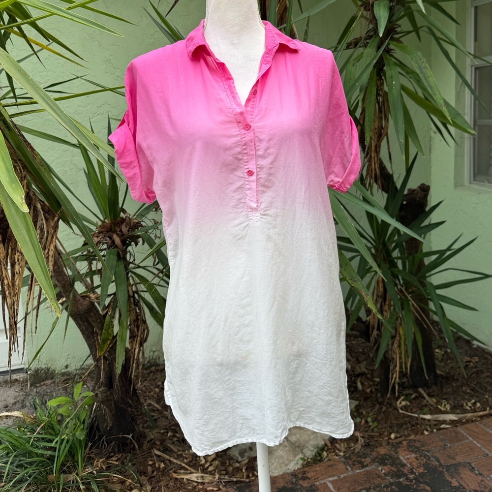 Hot Pink Ombre Short Sleeve Half Button down Shirt